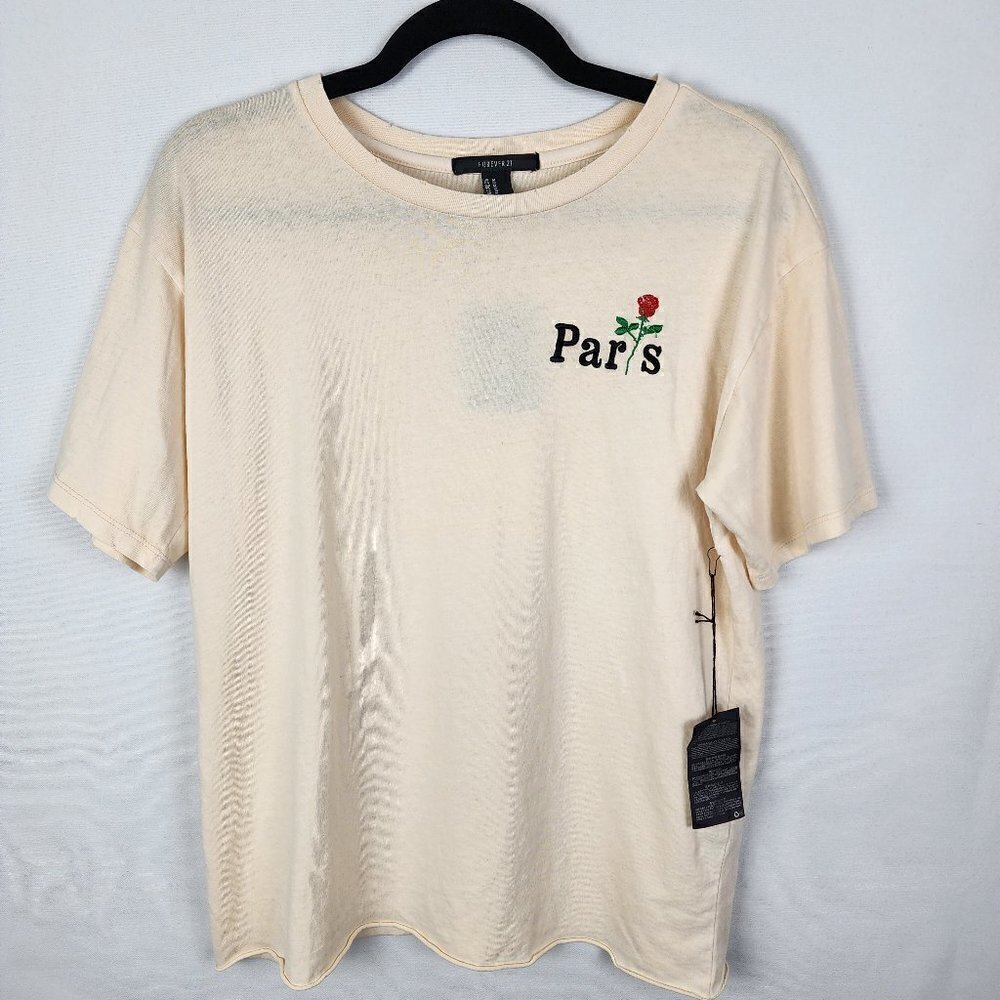 Forever 21 Women Cream Paris Rose‎ Embroidered Graphic T-Shirt Medium NWT